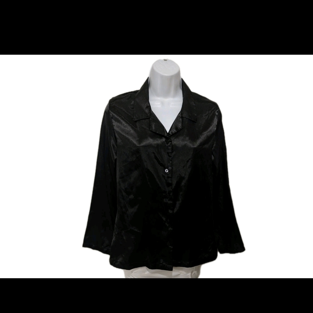 Fredrick's Black Satin Pajamas Top Shirt S Long Sleeve Minimalist Sexy City 180L